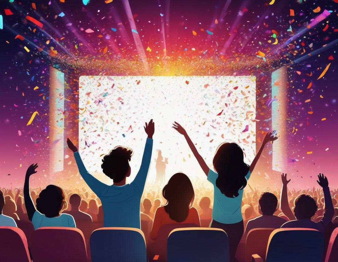 A vibrant movie theater filled with an enthusiastic audience, faces beaming with joy as they watch a colorful film. The screen showcases a dynamic montage of cheerful scenes, like dancing characters and breathtaking landscapes. The atmosphere is infused with energy, illustrated by floating musical notes and confetti swirling around. Use bright and lively colors to evoke happiness and connection. vector art. vibrant colors. white background.