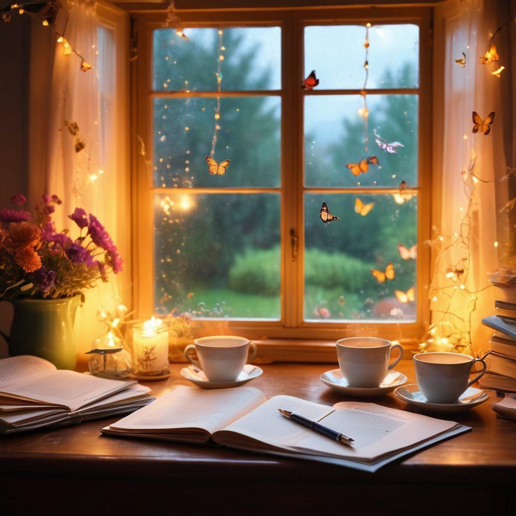 A whimsical scene depicting a cozy writer's desk surrounded by open notebooks filled with uplifting stories, glowing fairy lights above, and a steaming cup of tea. A window reveals a bright, cheerful landscape outside with butterflies and flowers. The atmosphere is warm and inviting, inspiring creativity and happiness. vibrant colors. soft focus. storytelling theme.