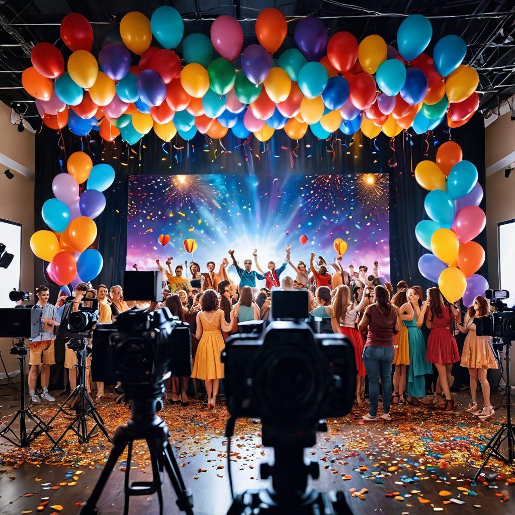 A vibrant film set filled with cheerful crew members working together, bright lights illuminating the scene, colorful costumes, and a camera capturing joyful moments. In the background, a large movie screen displays an inspiring scene, surrounded by balloons and confetti. The overall atmosphere radiates positivity and creativity. super-realistic. vibrant colors. 3D.